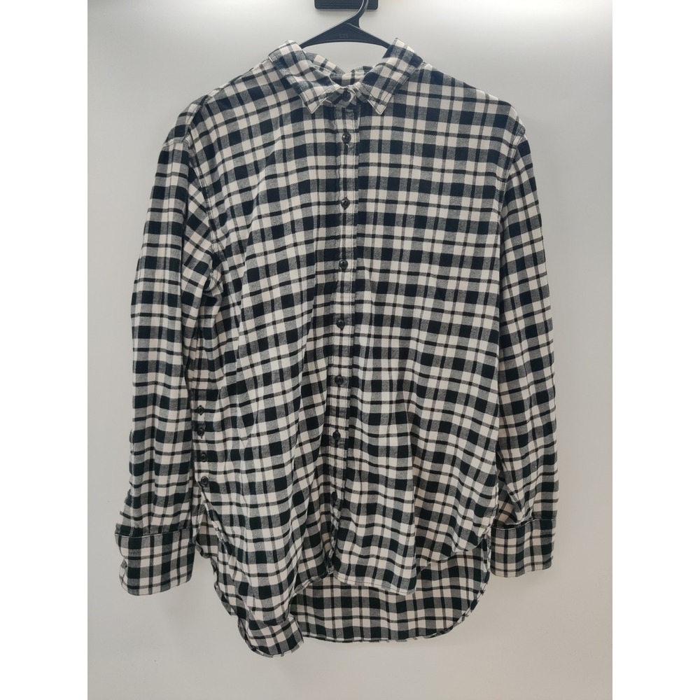 Madewell Womens Small Black White Plaid Flannel Button‎ Down Shirt High Low Hem